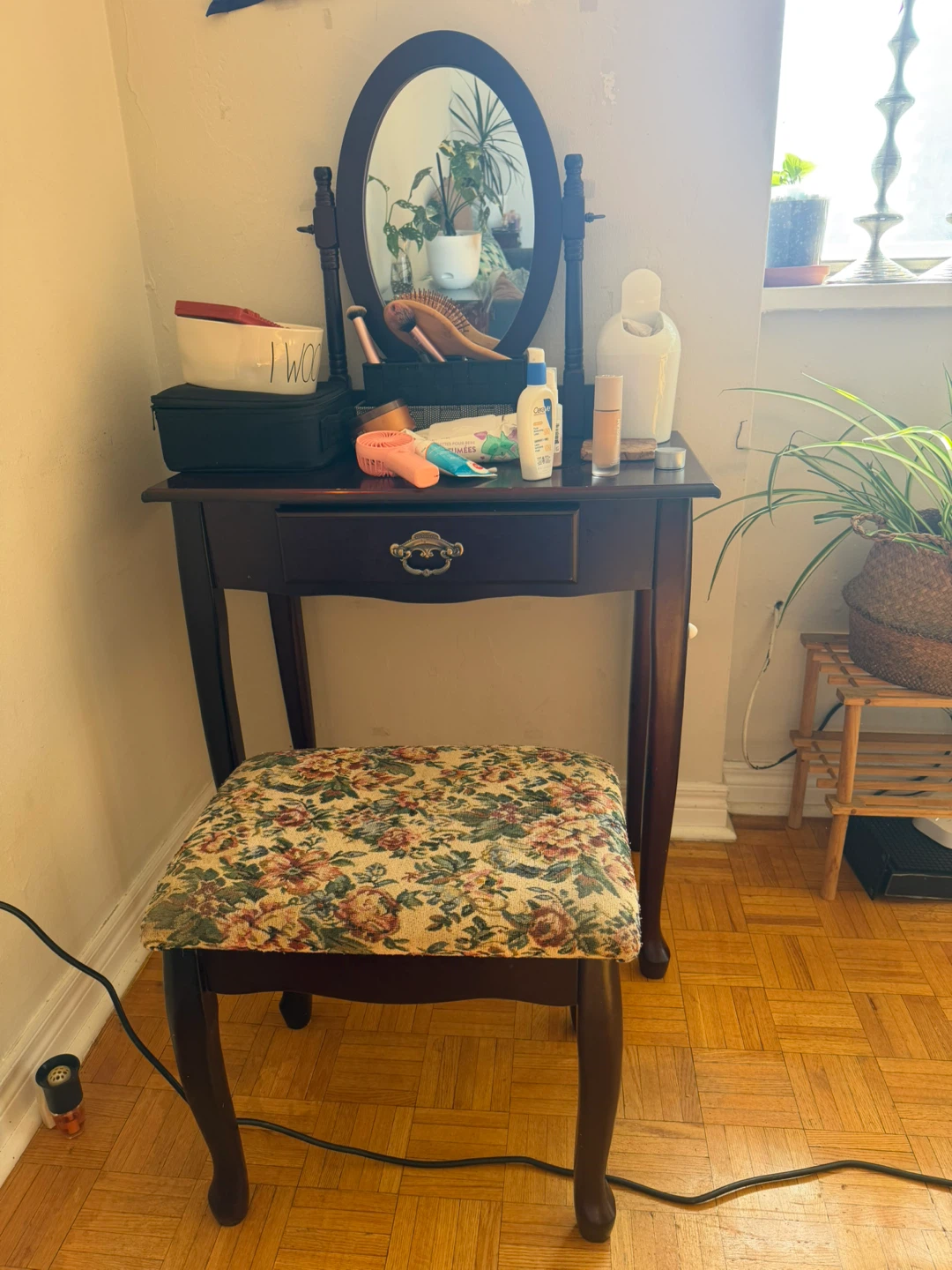 Dark Wood Vanity with Mirror and Stool - photo 2