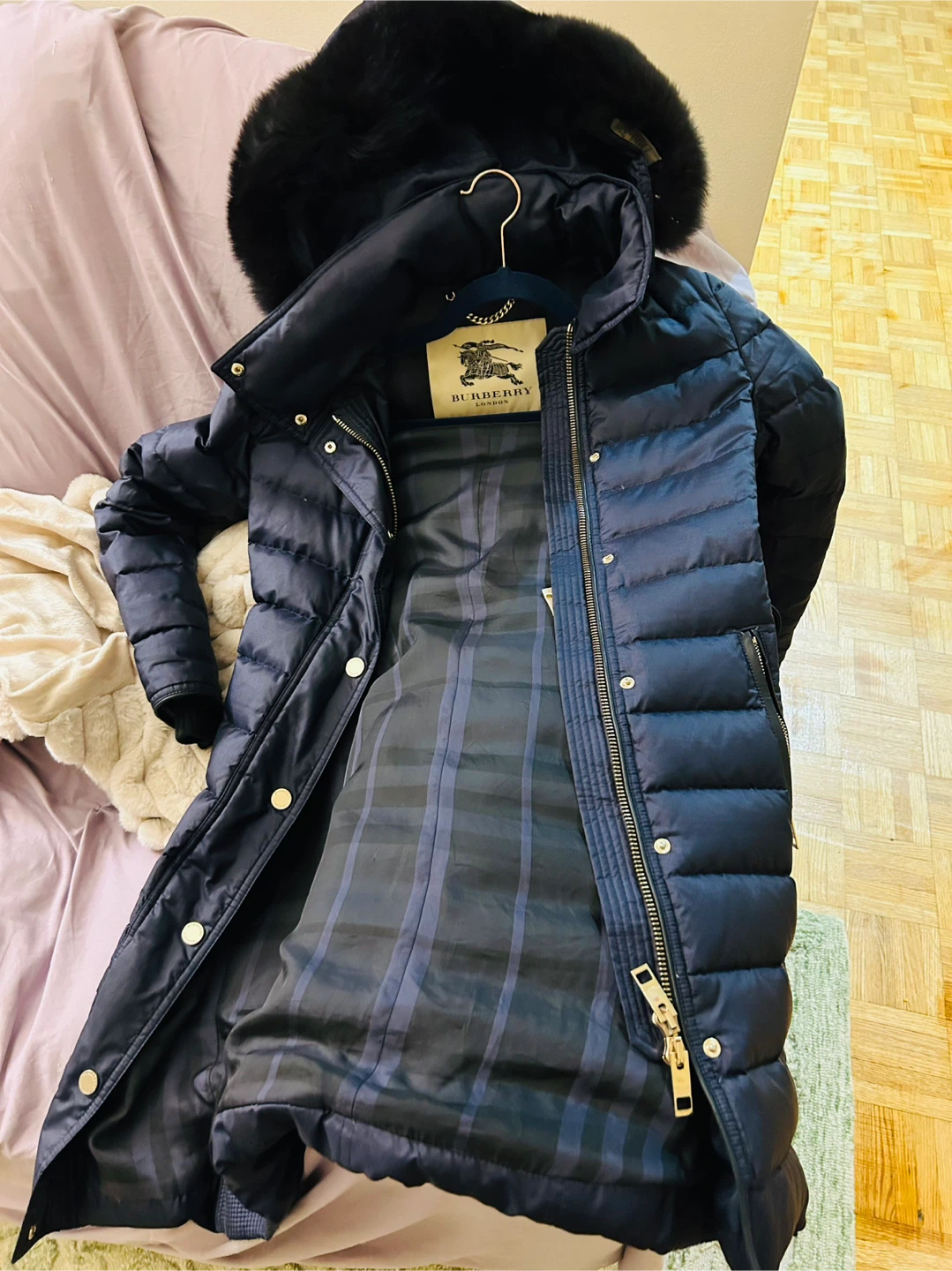 Authentic Burberry London Navy Blue Long Puffer Coat – Fur Hood