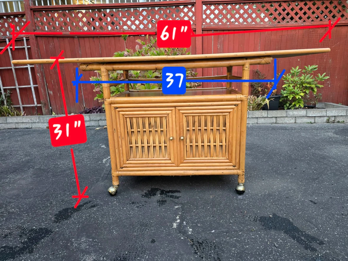 Rattan rolling serving cart with drop leaves