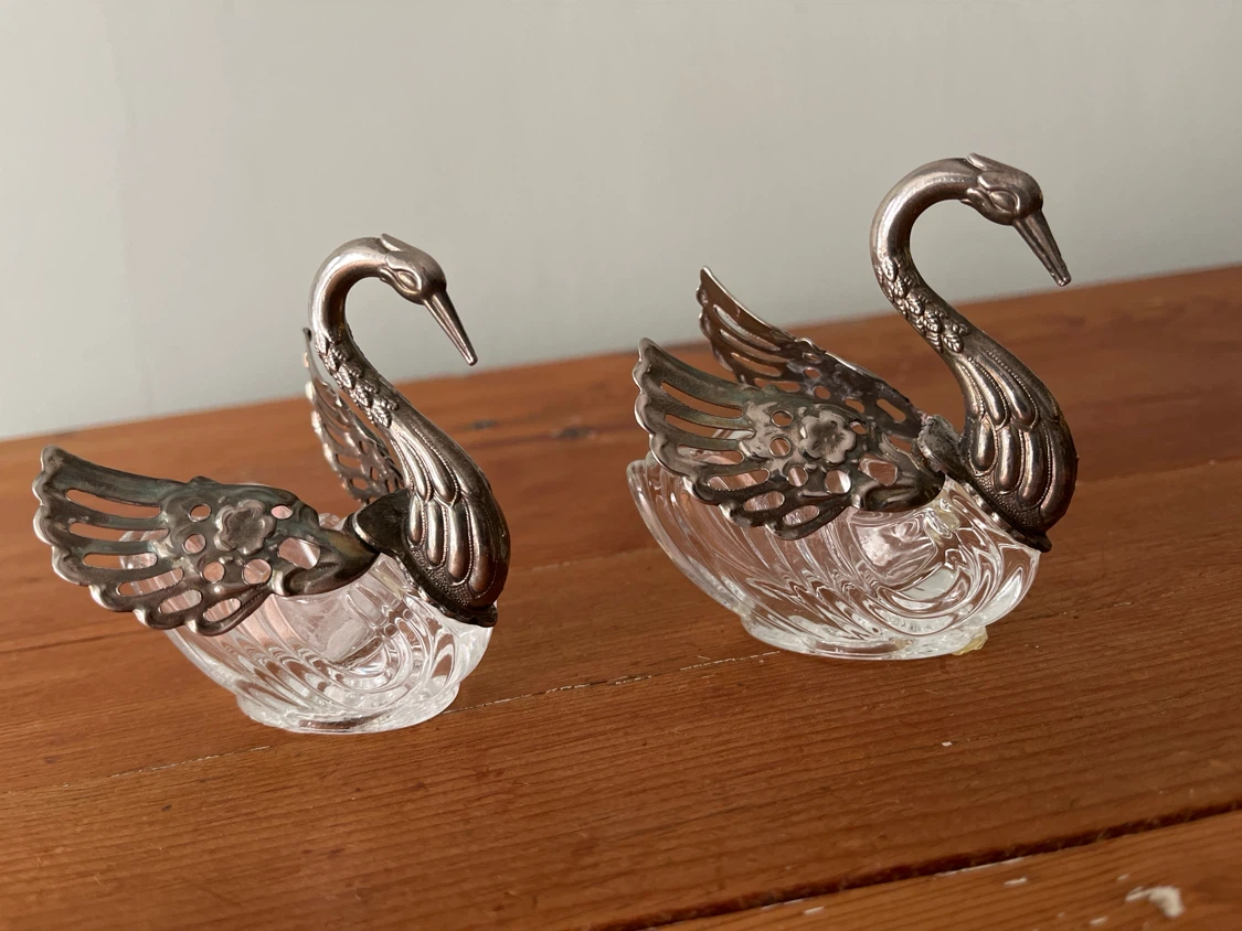Vintage Crystal and Silver-Tone Swan Dishes