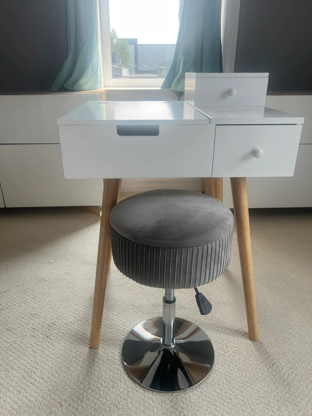 White Vanity Table with Matching Grey Stool