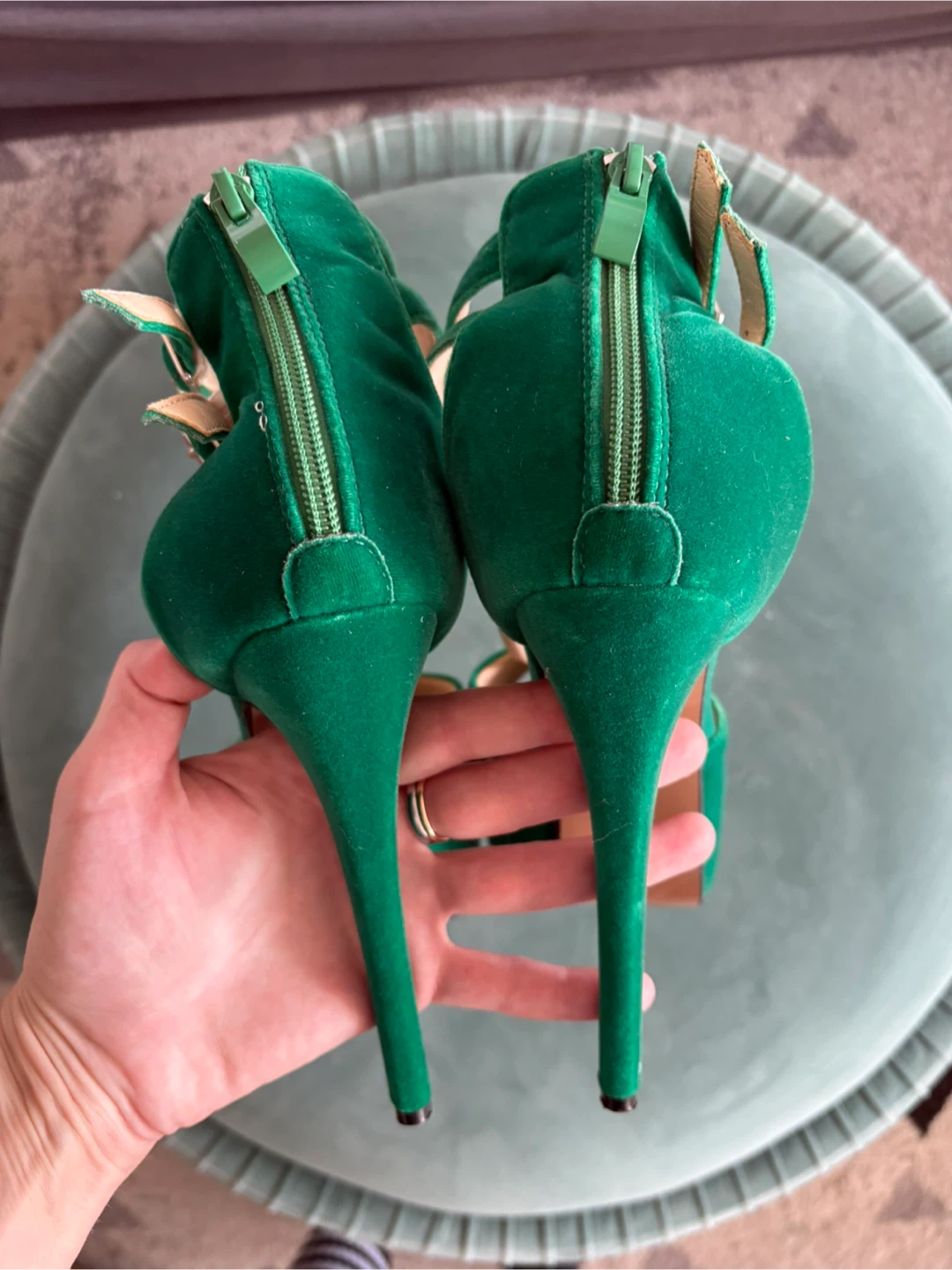 Green Velvet Platform Heels - Size 10 - photo 3