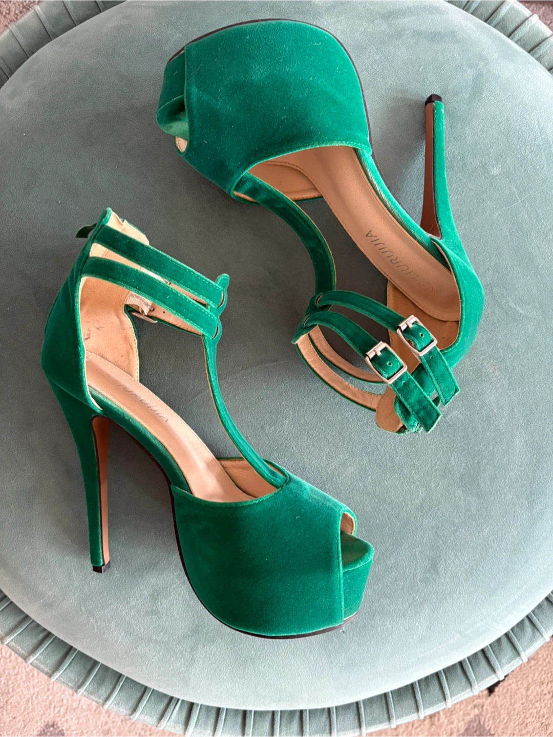 Green Velvet Platform Heels - Size 10 - photo 2