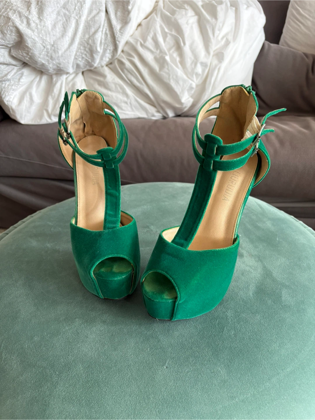 Green Velvet Platform Heels - Size 10