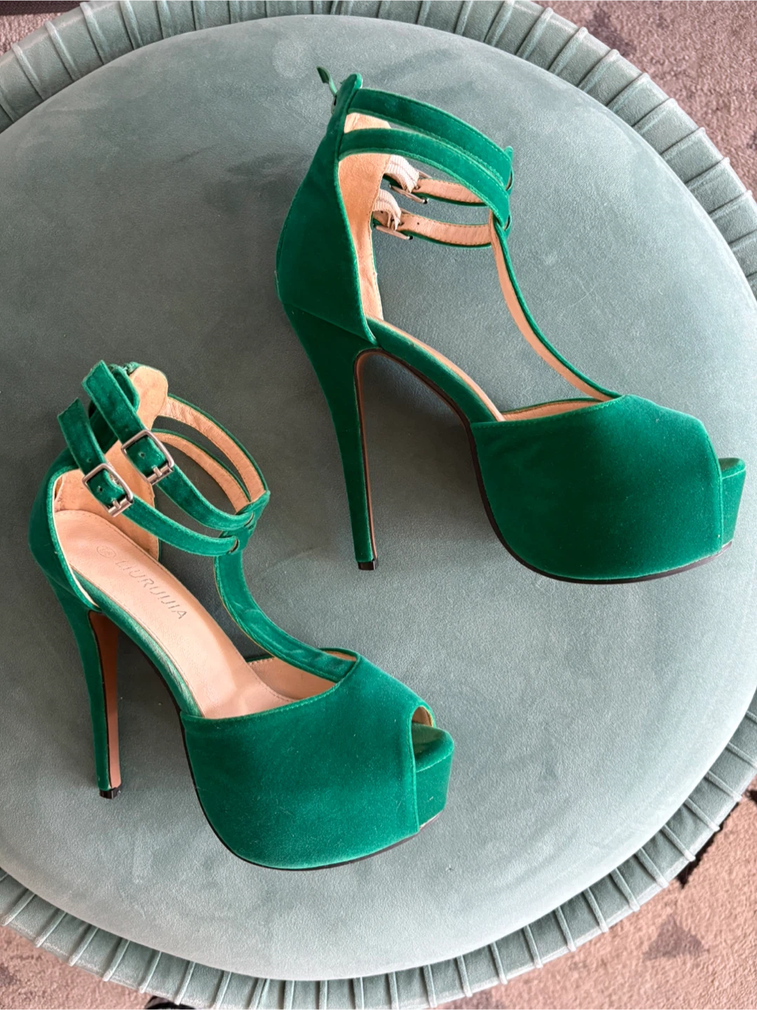 Green Velvet Platform Heels - Size 10 - photo 5