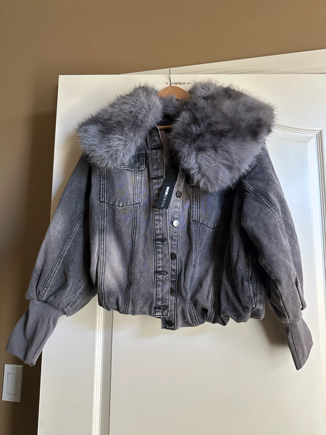 New with tags size small faux fur denim bomber jacket
