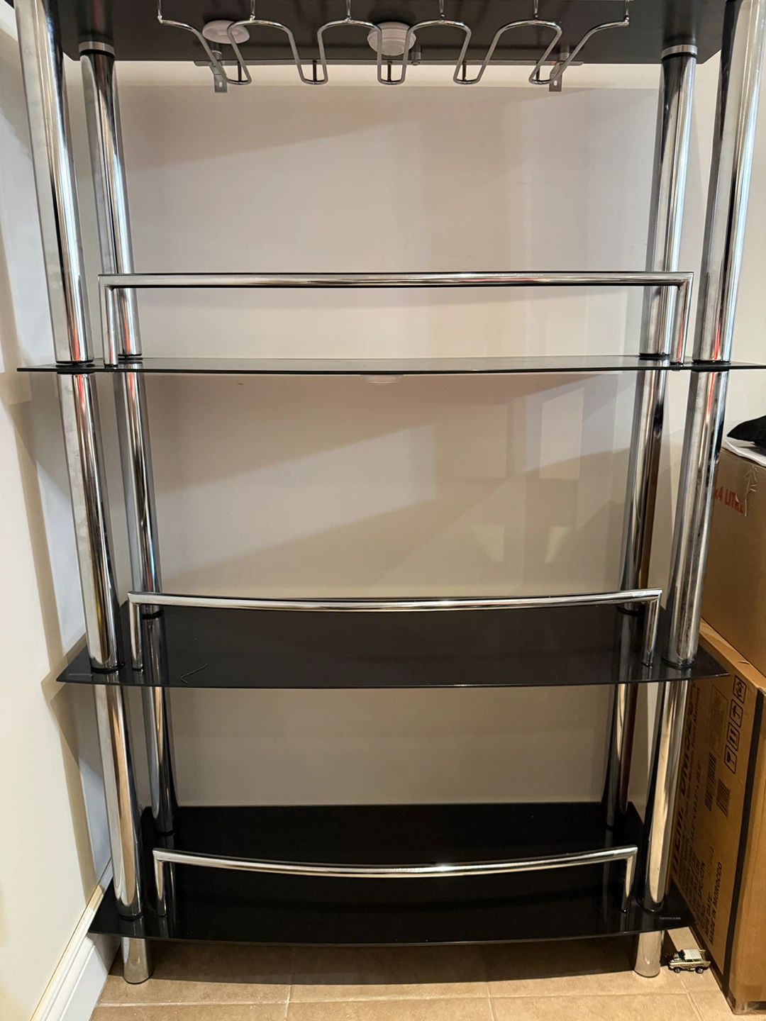 Chrome and Black Glass Bar Shelf Unit