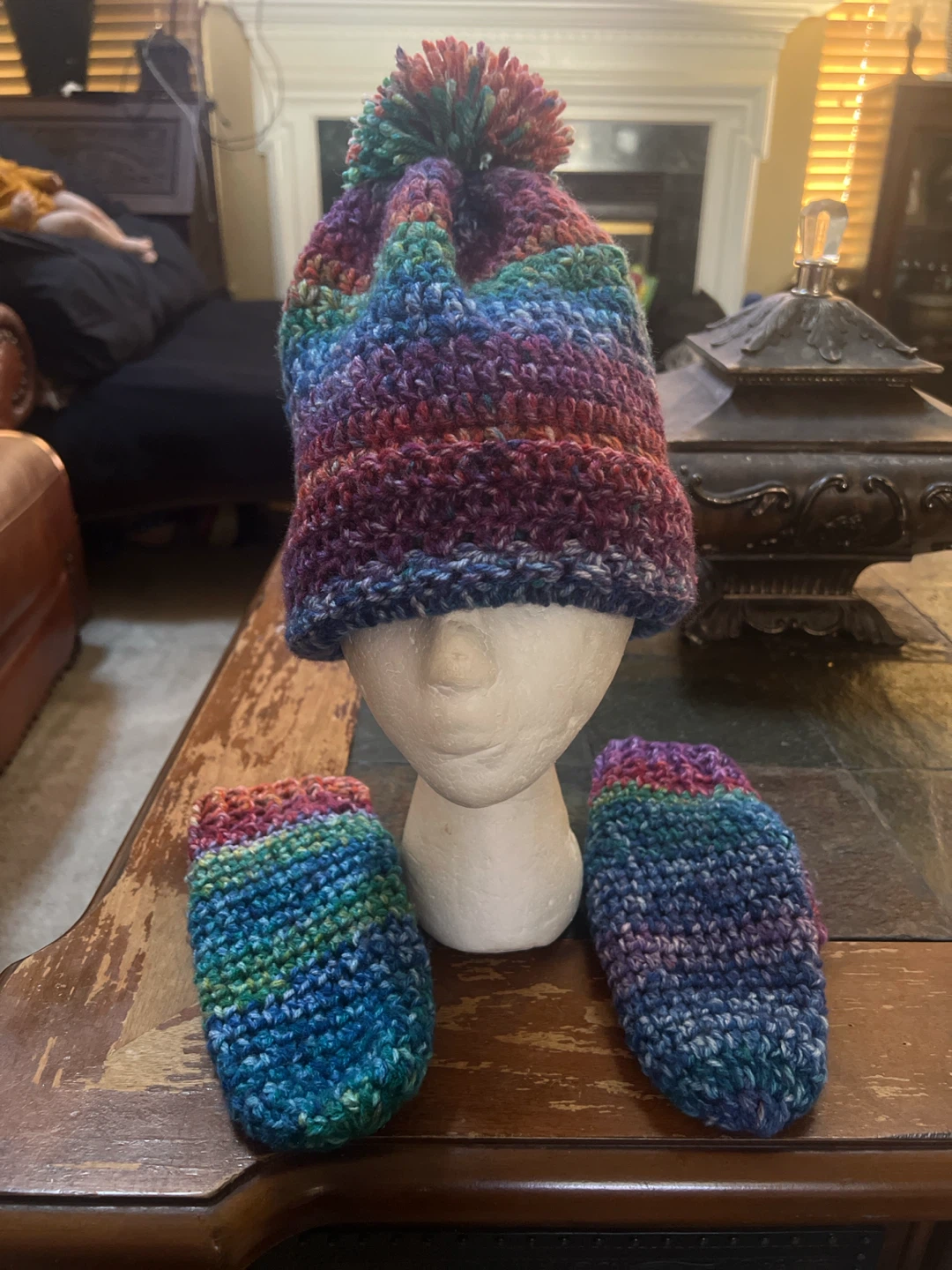 Hand-Crocheted Rainbow Beanie and Mitten Set