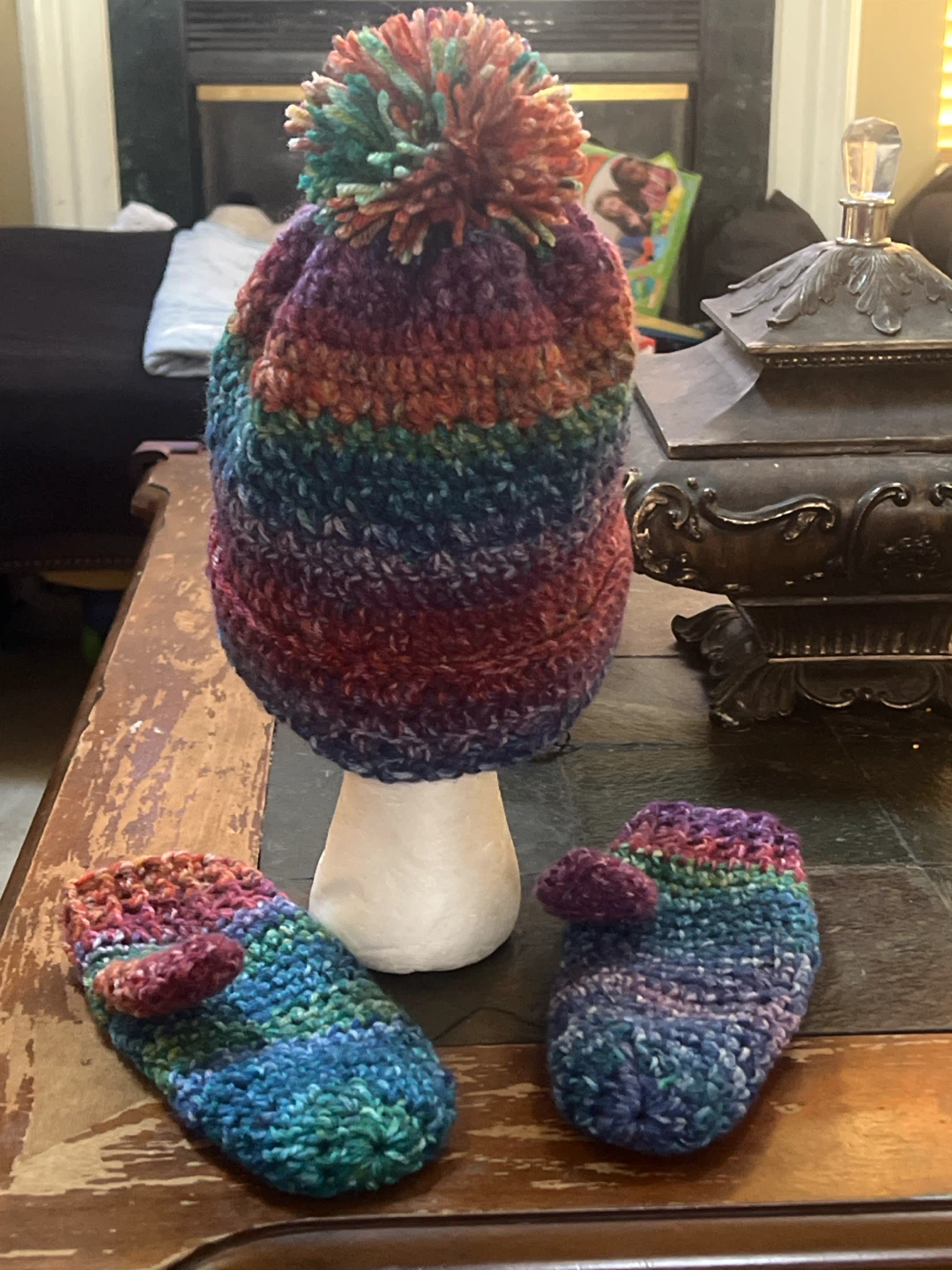 Hand-Crocheted Rainbow Beanie and Mitten Set - photo 2