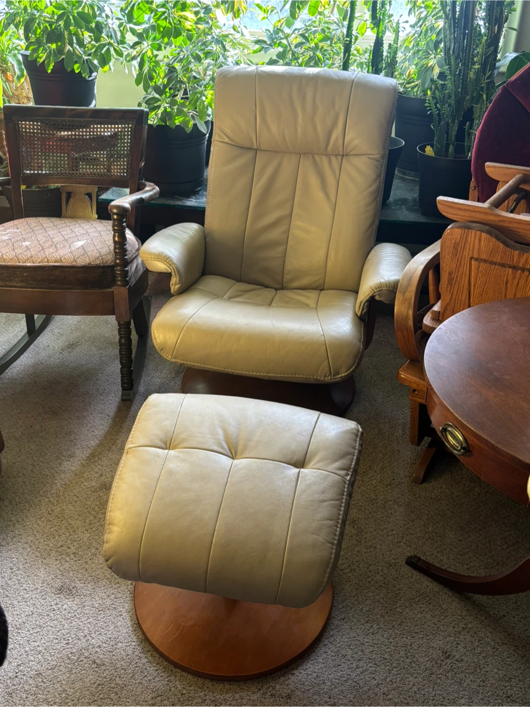 Tan Leather Recliner with Ottoman