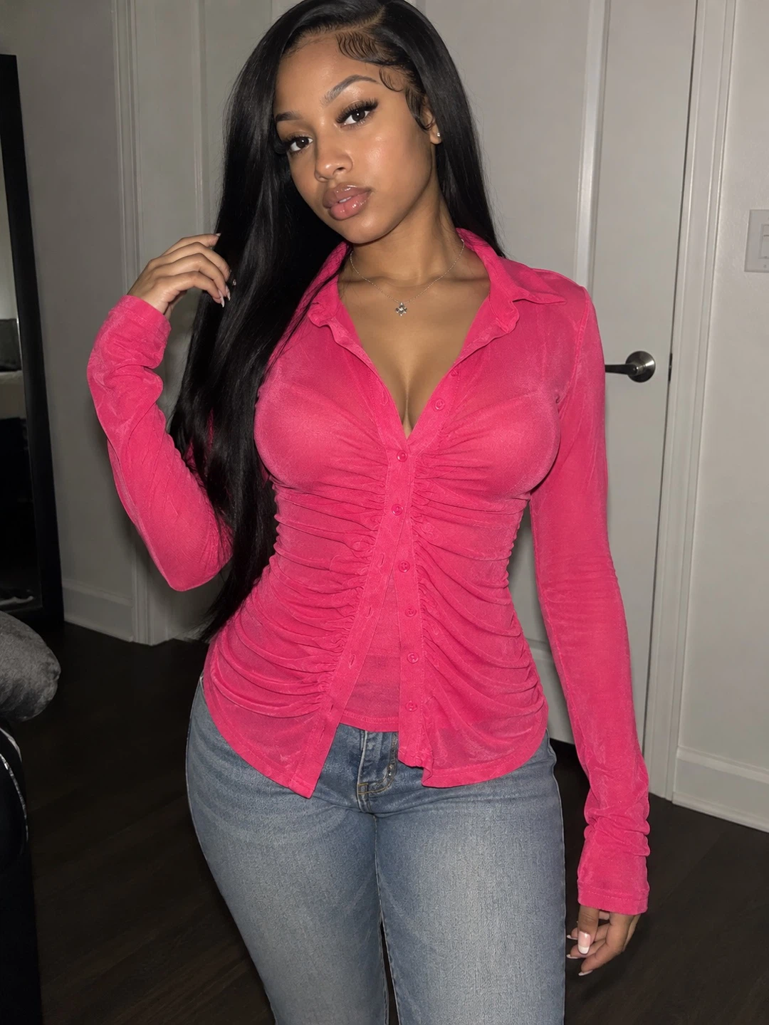 Fashion Nova Pink Ruched Button-Down Top