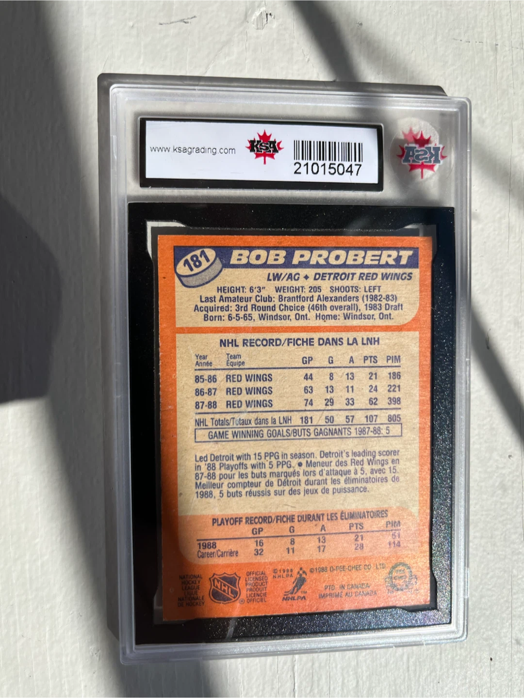 1988-89 O-Pee-Chee Bob Probert #181 KSA Graded 6 ENM - photo 2