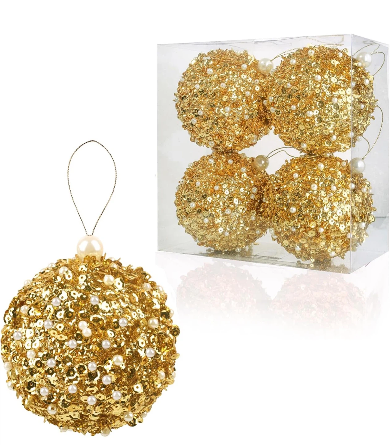 Gold Sequin and Pearl Christmas Ornaments