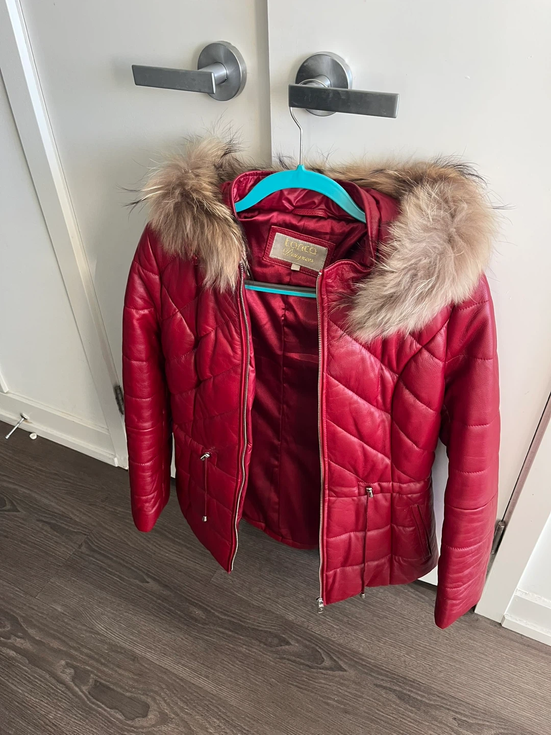 Lanco Designers Red Quilted Jacket with Fur Hood