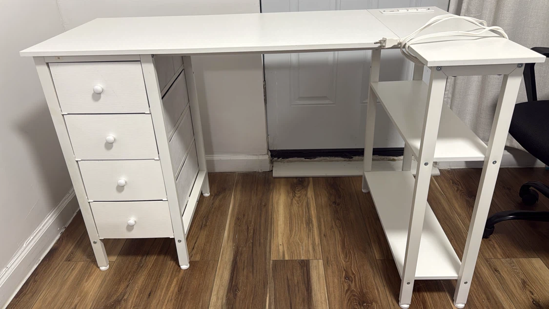 White Desk with Four Drawers and Side Shelves