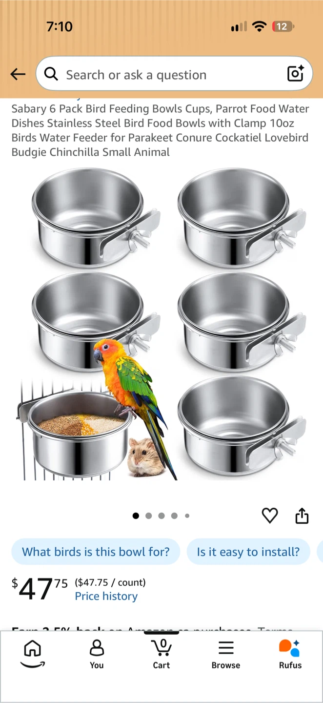 Sabary 6-Pack Stainless Steel Bird Feeding Bowls