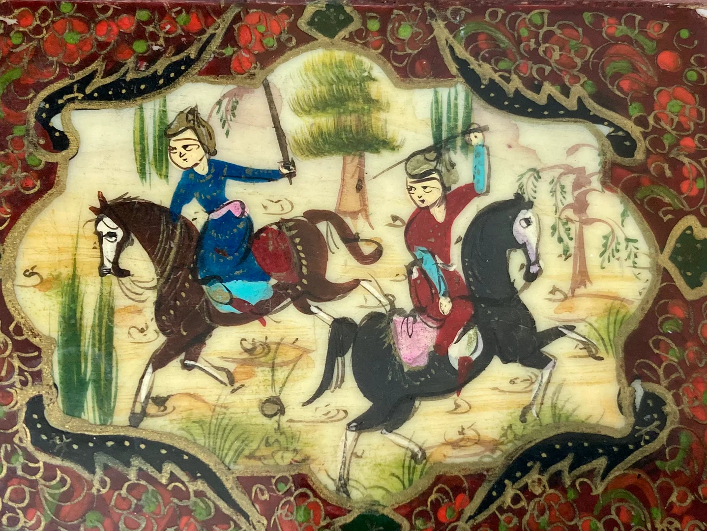 Vintage Persian Wood Box - Hand-Painted Polo Scene - photo 2