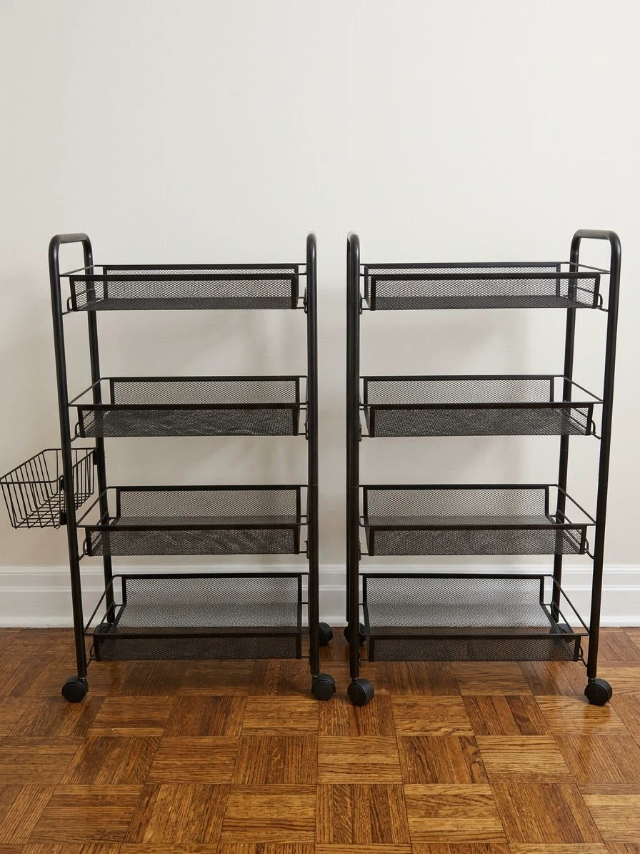 Two Black Metal Rolling Utility Carts