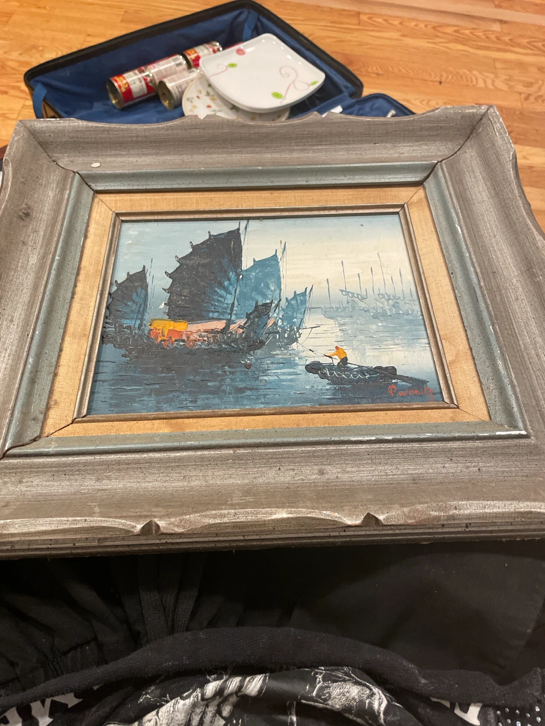 Framed Oil Painting of Harbor Scene