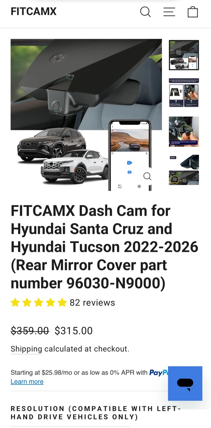 Dash Cam for Hyundai Tucson and Santa Cruz