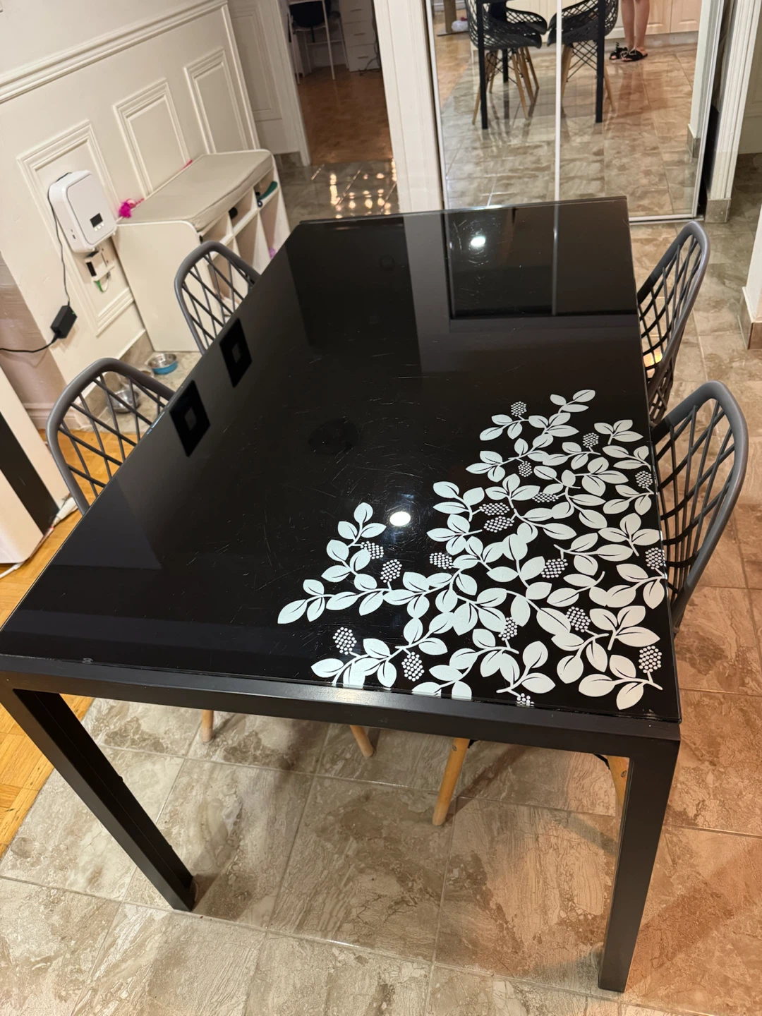 Black metal glass top dining table