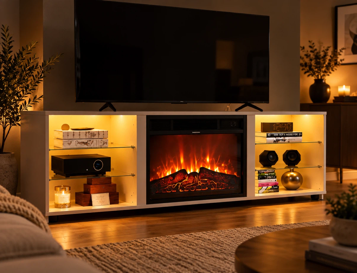 New White TV stand with electric fireplace and LED shelves