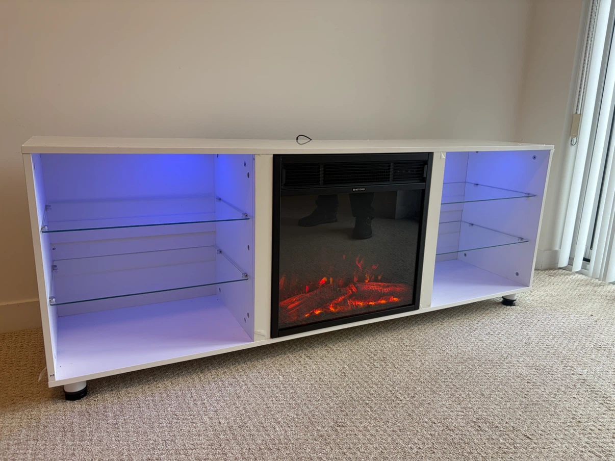 New White TV stand with electric fireplace and LED shelves - photo 2