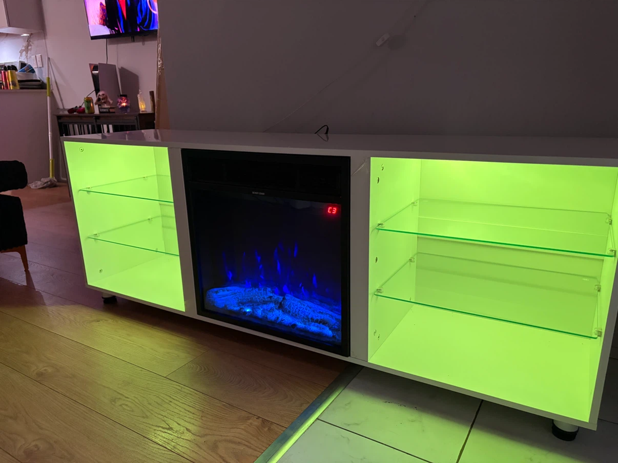 New White TV stand with electric fireplace and LED shelves - photo 3