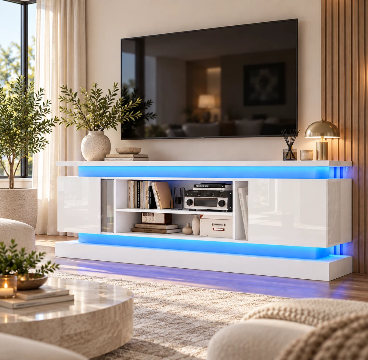 New White LED TV Stand 71" Gloss Finish