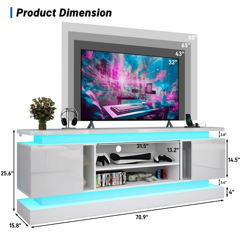 New White LED TV Stand 71" Gloss Finish - photo 4