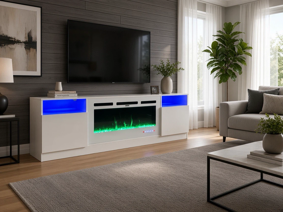 New White TV Stand with Electric Fireplace and LED Shelves - photo 2