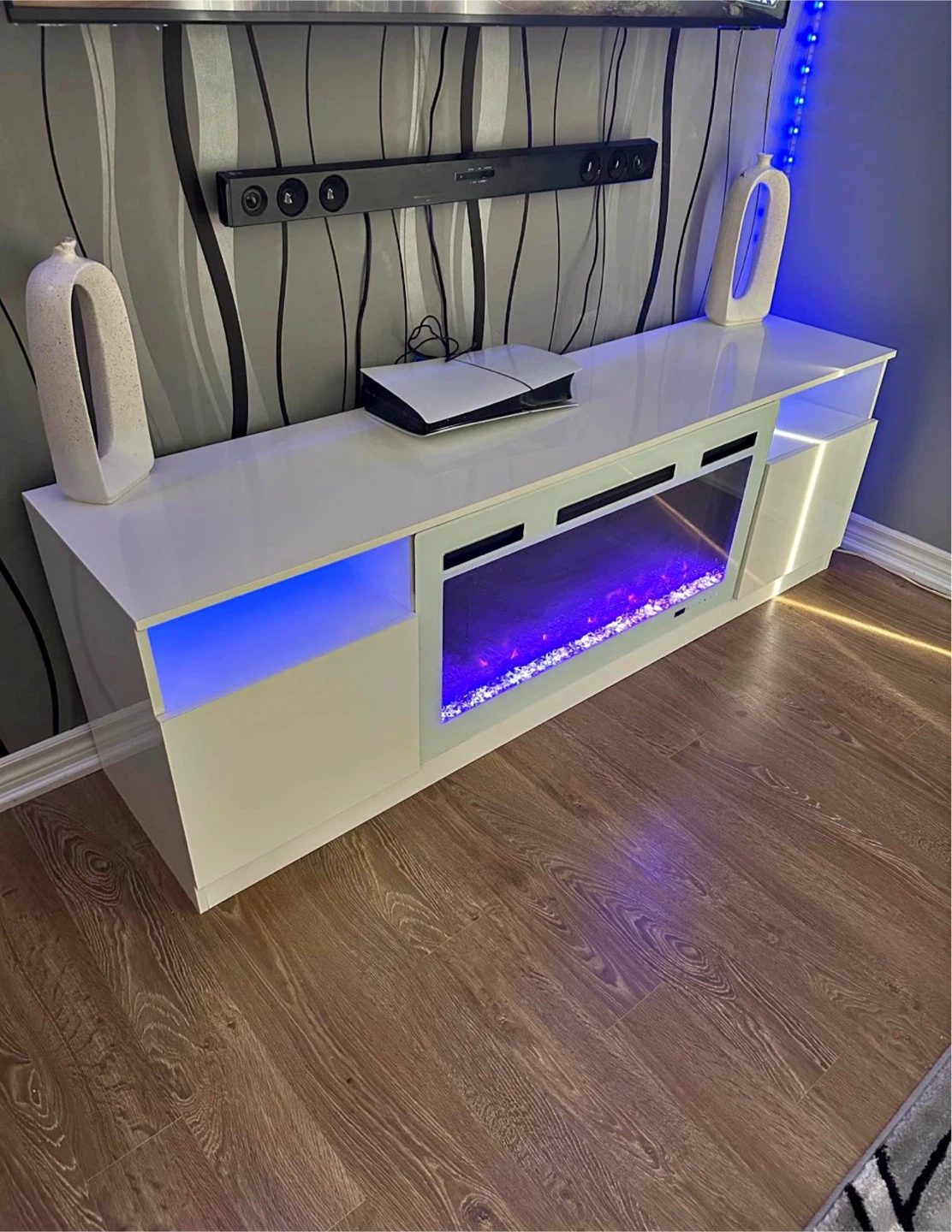 New White TV Stand with Electric Fireplace and LED Shelves - photo 3