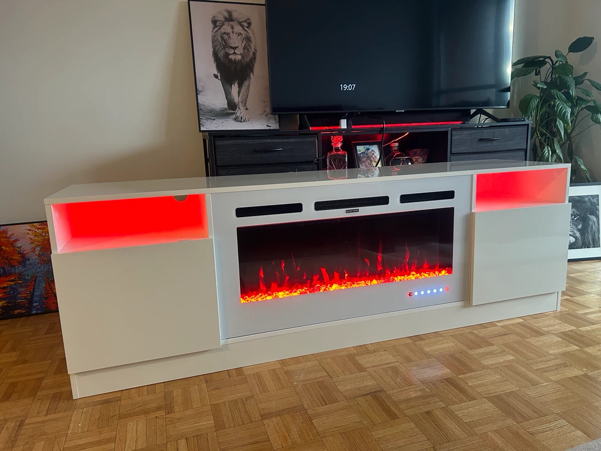 New White TV Stand with Electric Fireplace and LED Shelves - photo 4