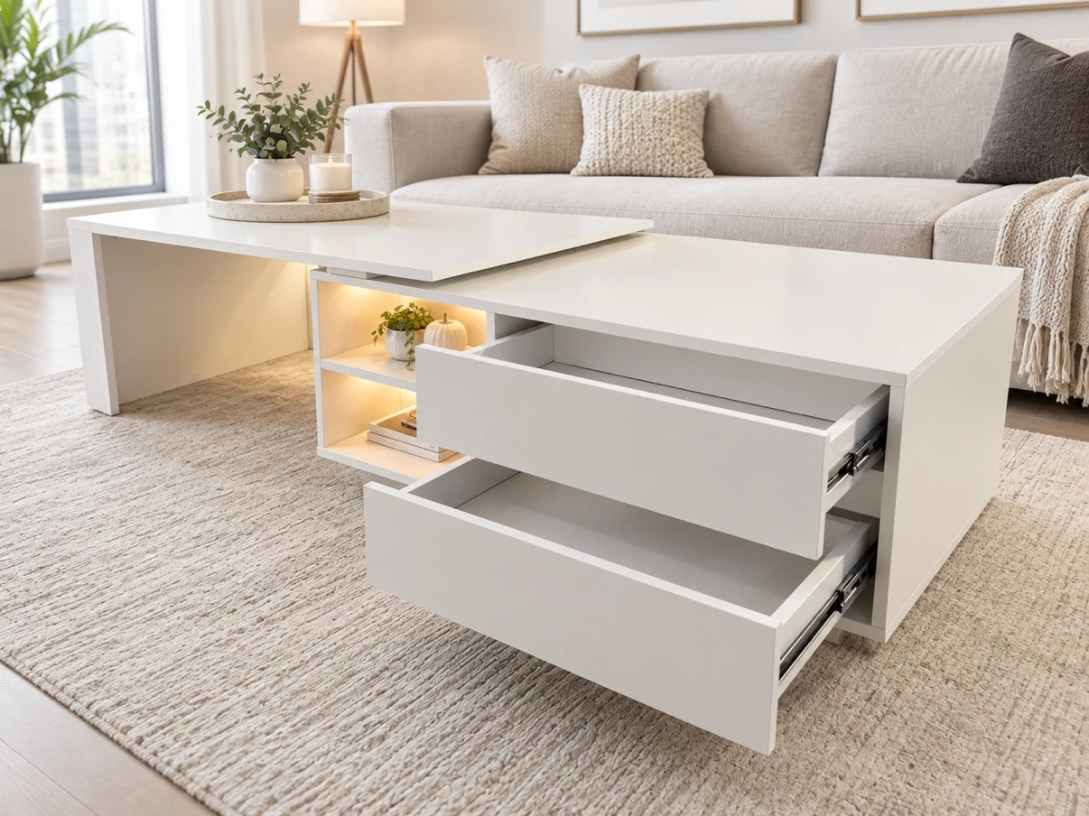 New White lift-top coffee table with drawers and LED