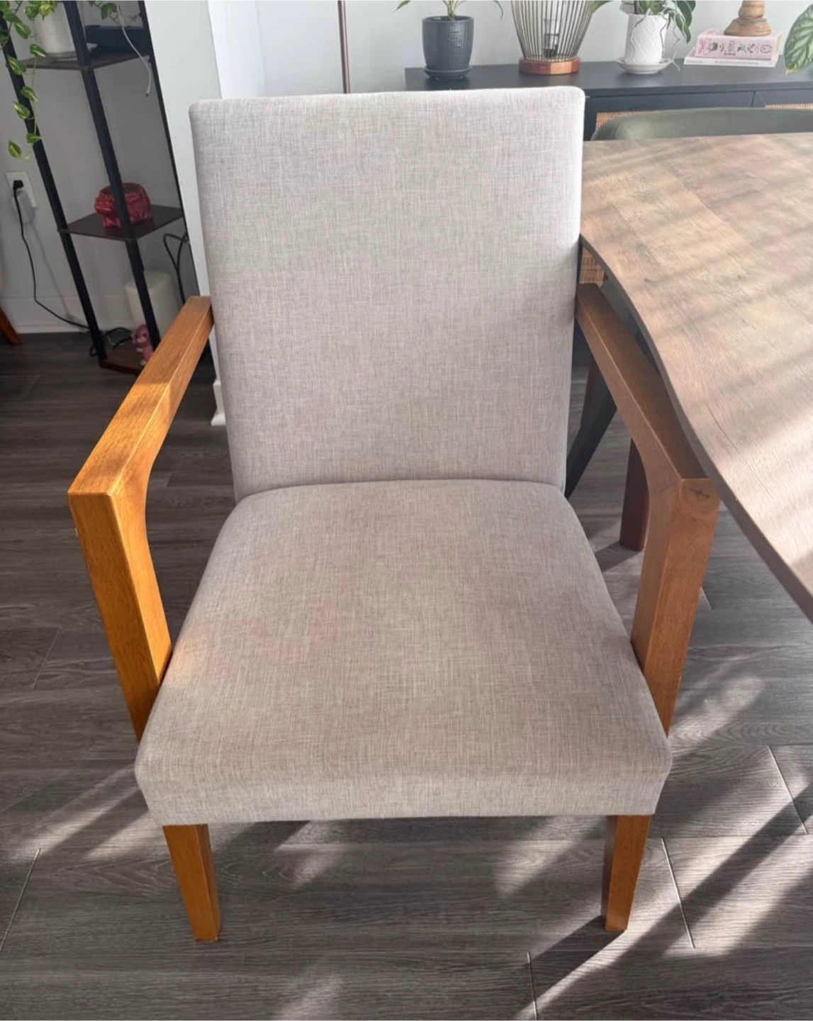 Set of 4 Wooden Arm Dining Chairs – Beige Fabric