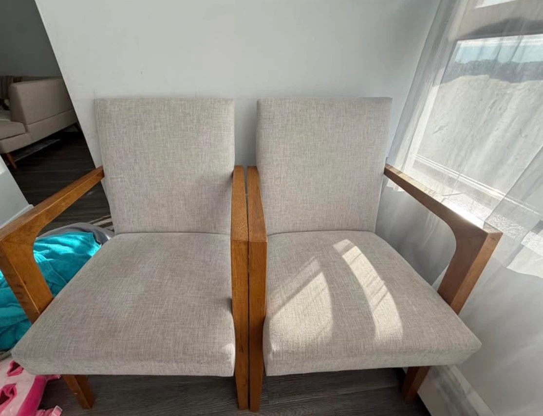 Set of 4 Wooden Arm Dining Chairs – Beige Fabric - photo 2