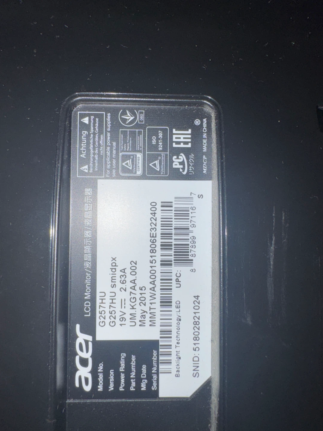 Acer G257HU LCD Monitor