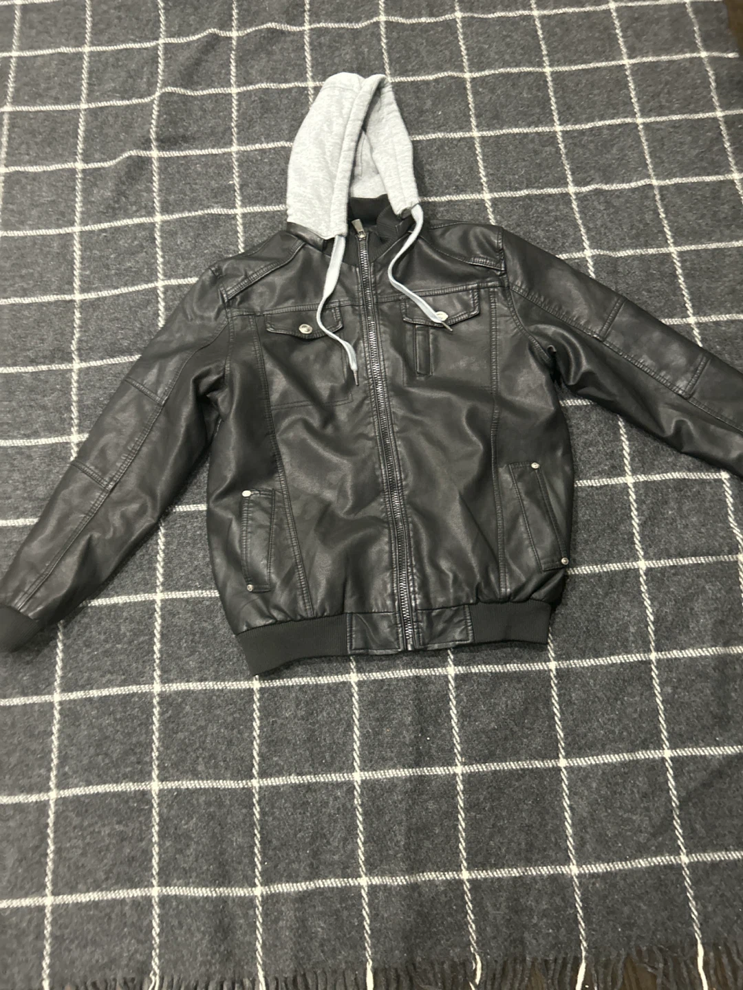 Mens Faux Leather Hooded Jacket Black