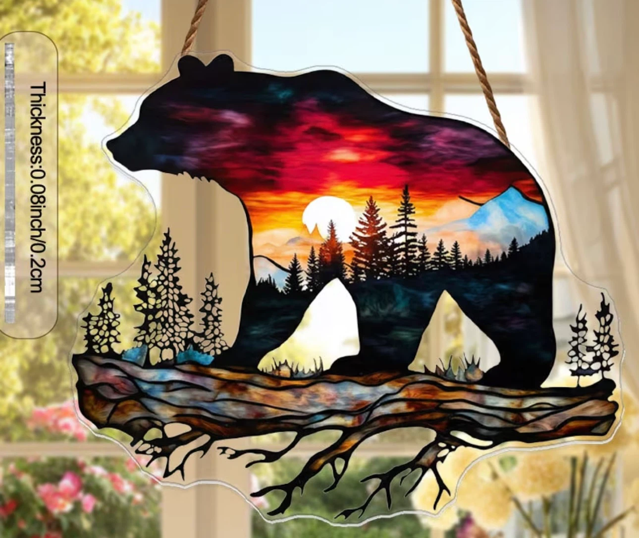 2D acrylic sun catcher.  bear in forest sunset