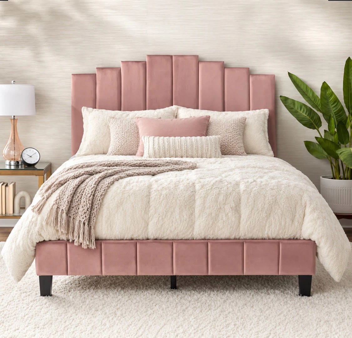 New Queen Size Platform Bed Luxury Velour Rose Pink