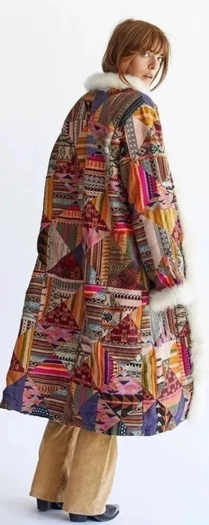 Free people Patchwork Long Coat with Faux Fur Trim