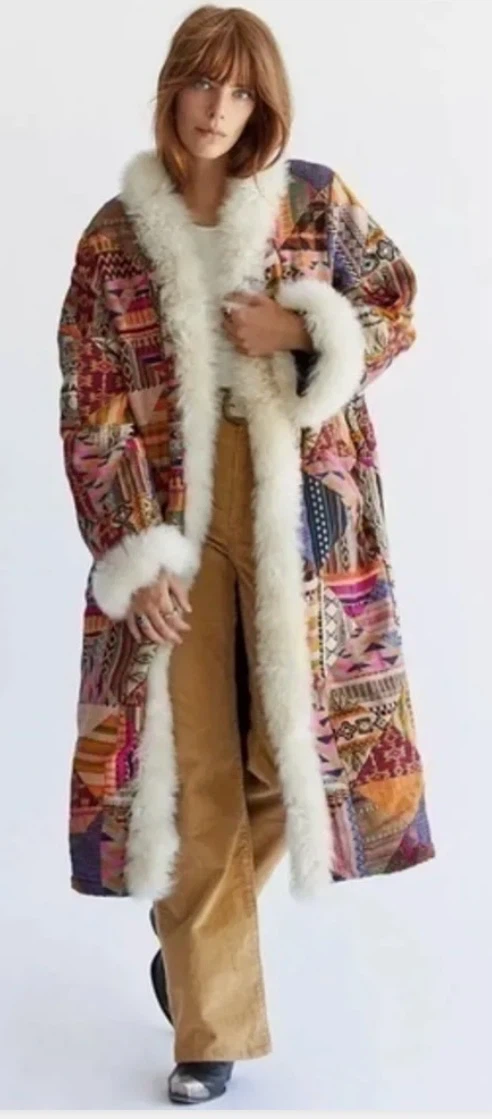 Free people Patchwork Long Coat with Faux Fur Trim - photo 2
