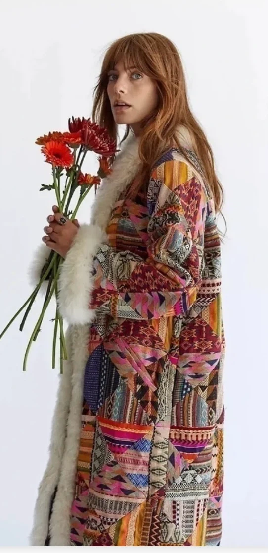 Free people Patchwork Long Coat with Faux Fur Trim - photo 3