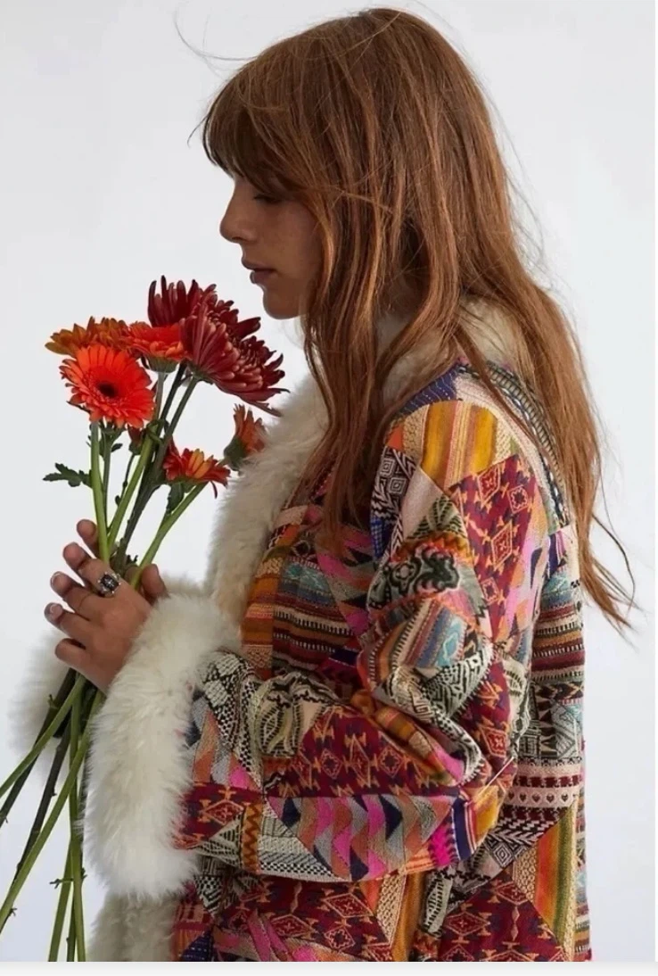 Free people Patchwork Long Coat with Faux Fur Trim - photo 4