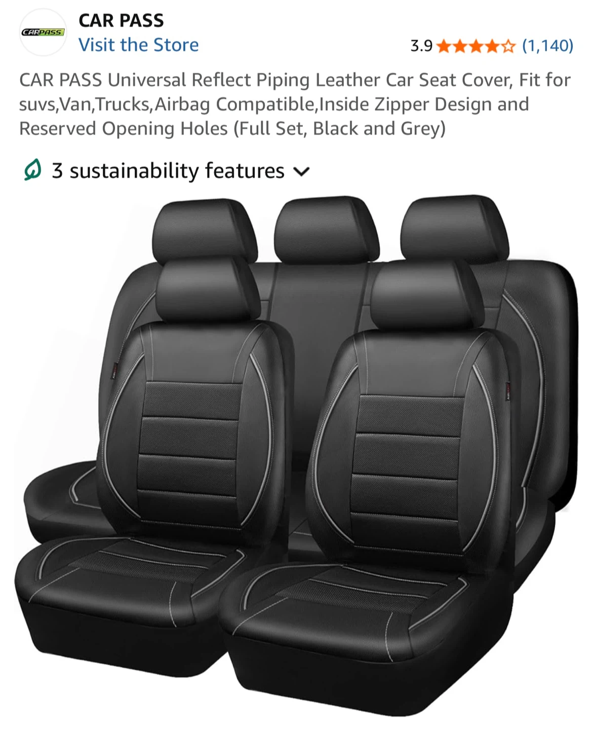 CAR PASS Universal Car Seat Cover Set - Black and Grey
