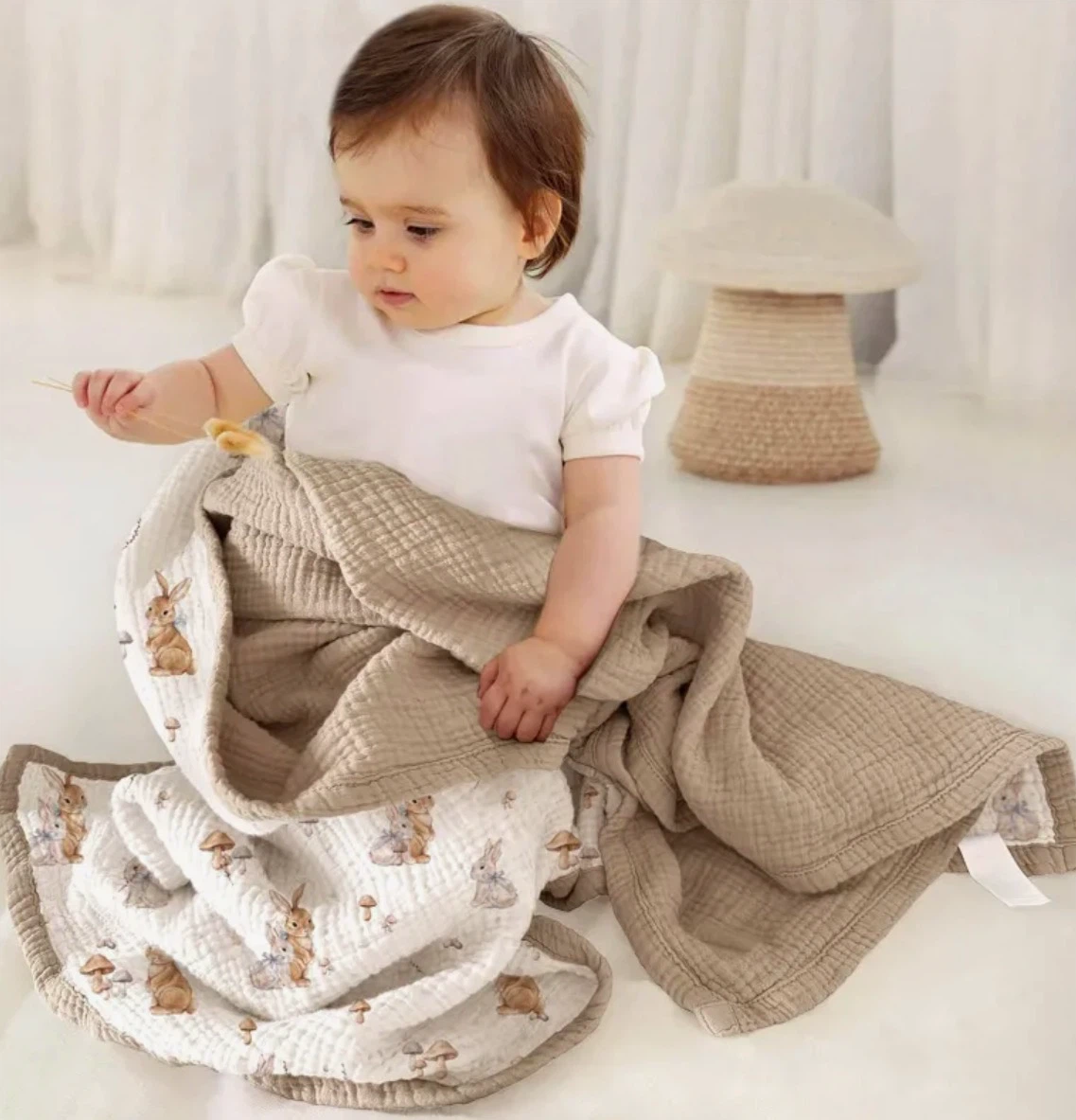 Lulu Moon Reversible Muslin Baby Blanket–Bunny & Mushroom Print