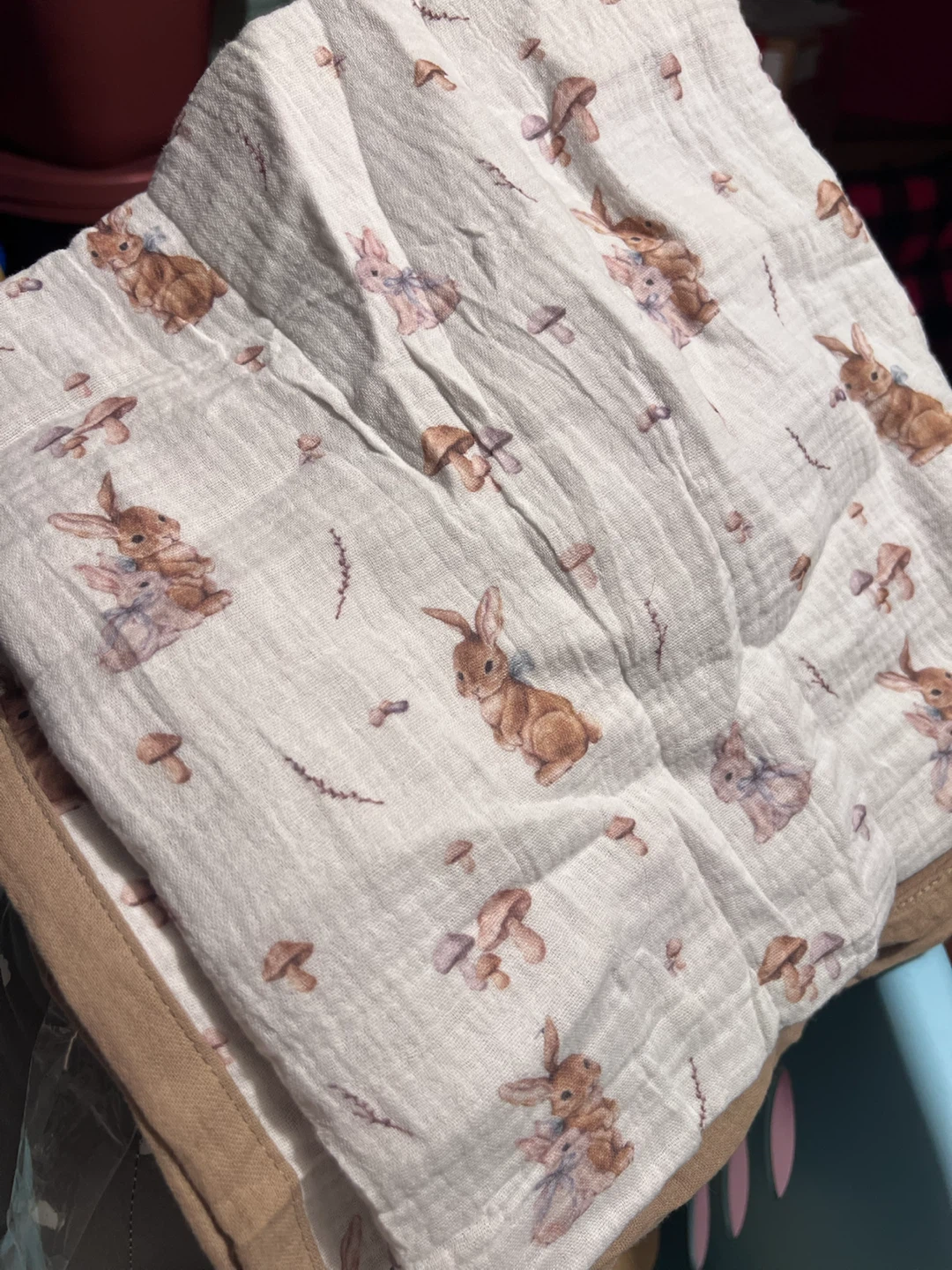 Lulu Moon Reversible Muslin Baby Blanket–Bunny & Mushroom Print - photo 5