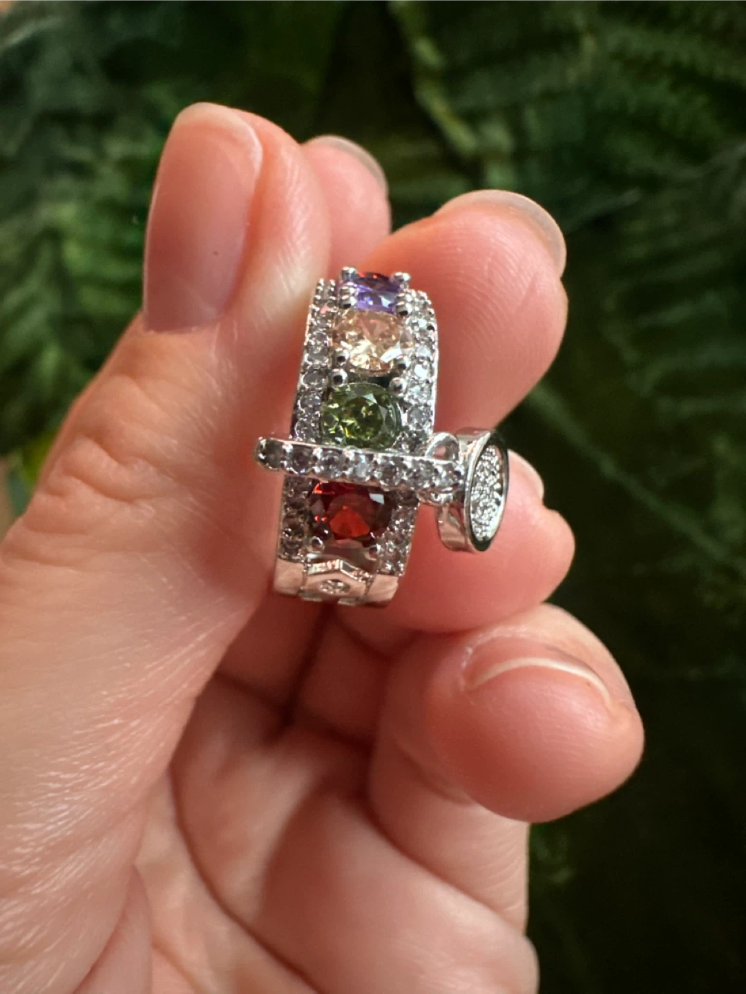 Multi-Stone Silver Tone Ring with Charm