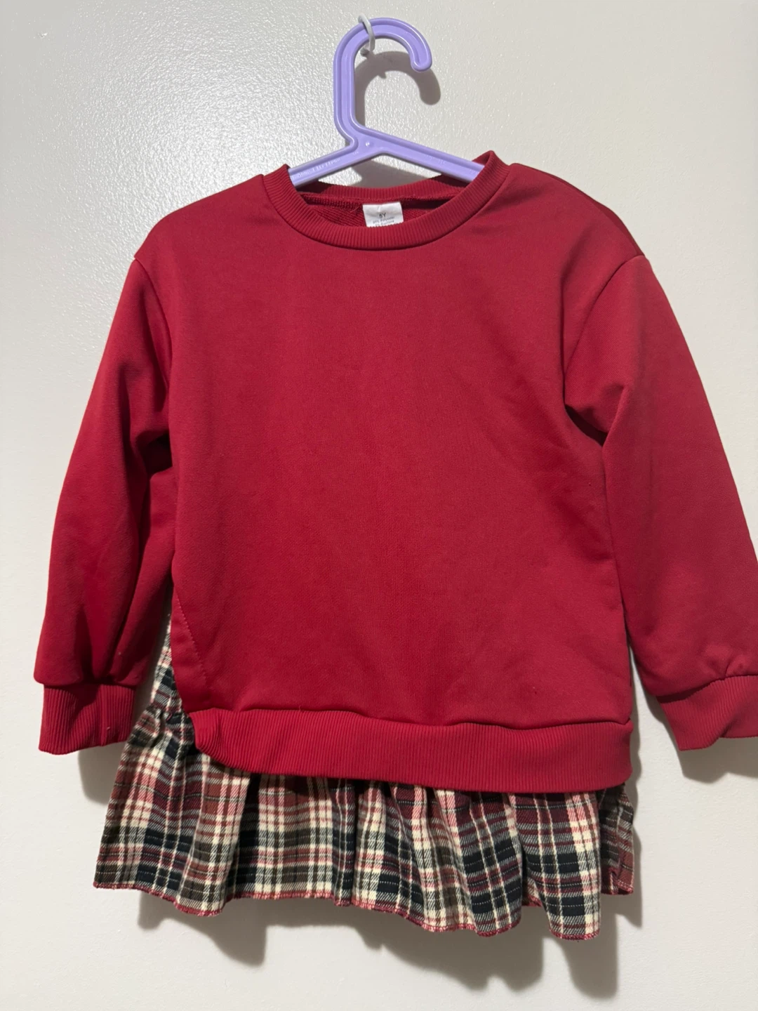 Girls Red Sweatshirt Dress with Plaid Hem