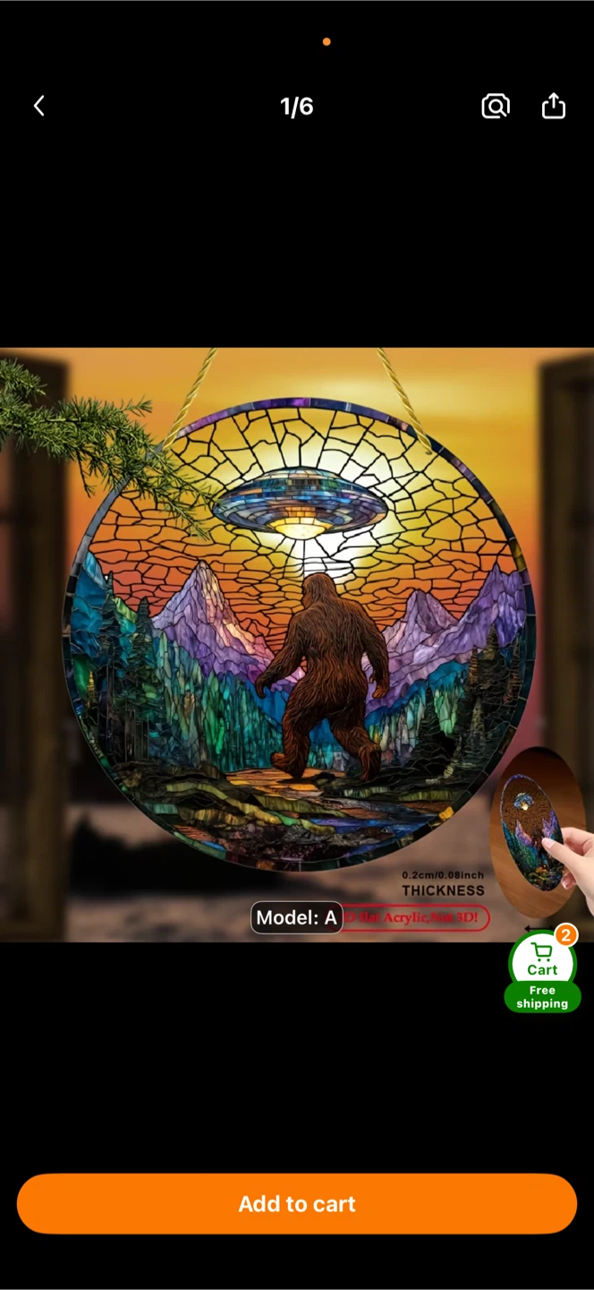 2 D acrylic sun catcher, Sasquatch & alien spaceship, new